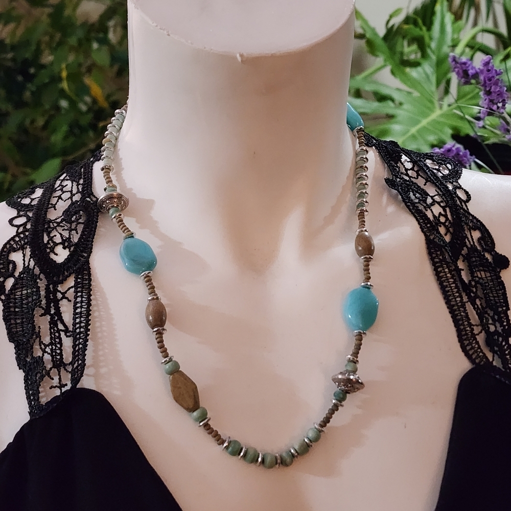 Boho Necklace With Faux Turquoise and Beige Acrylic And Wooden Beads
